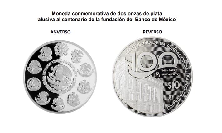 Zilveren munt van 10 dollar en herdenkingsbankbiljetten van Banxico
